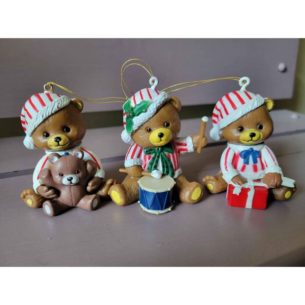 Lot of 3 Vintage Bear Ornaments Plastic White Red Striped Holiday Tree Decor